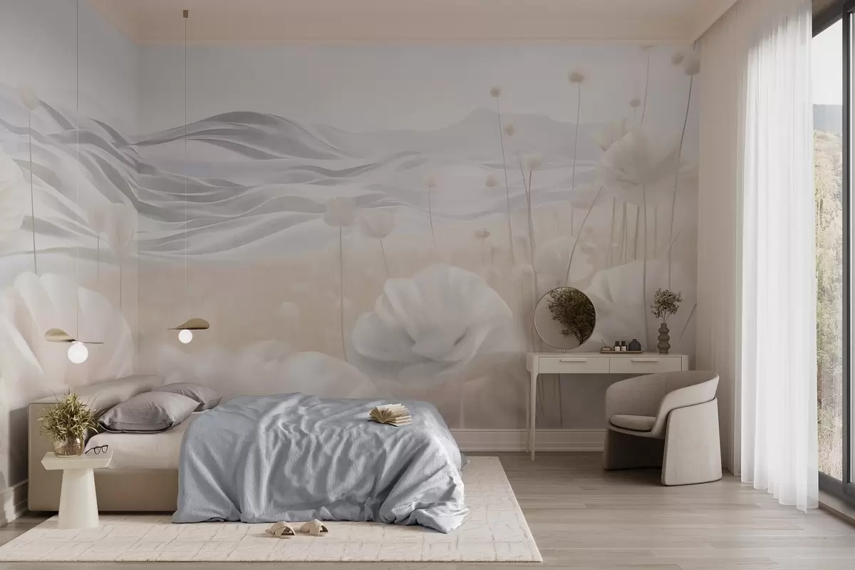 Fototapetes Teksturēts krēmkrāsas magoņu lauks ar līdzenām pakalnu virsotnēm zem gaiši zila debesu velves ar maigiem mākoņiem, pasteļtoņos w09553