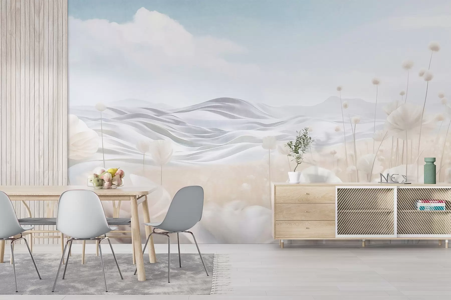 Fototapetes Teksturēts krēmkrāsas magoņu lauks ar līdzenām pakalnu virsotnēm zem gaiši zila debesu velves ar maigiem mākoņiem, pasteļtoņos w09553