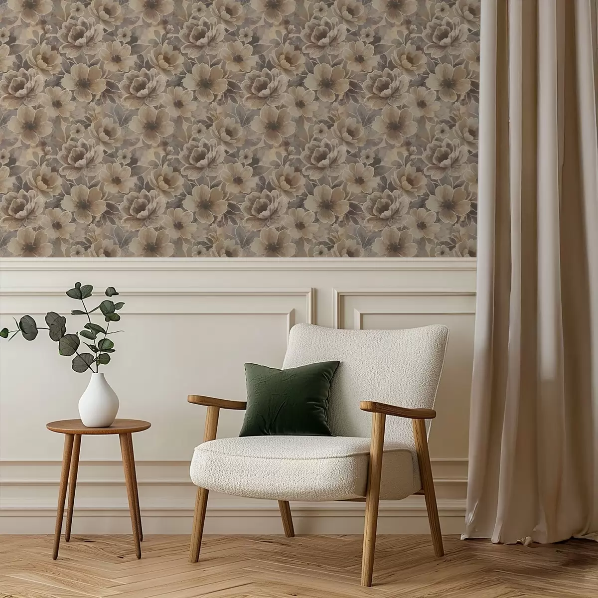 Tapetes Gleznieciskas smilškrāsas ziedi uz dūmakaina abstrakta fona a00884