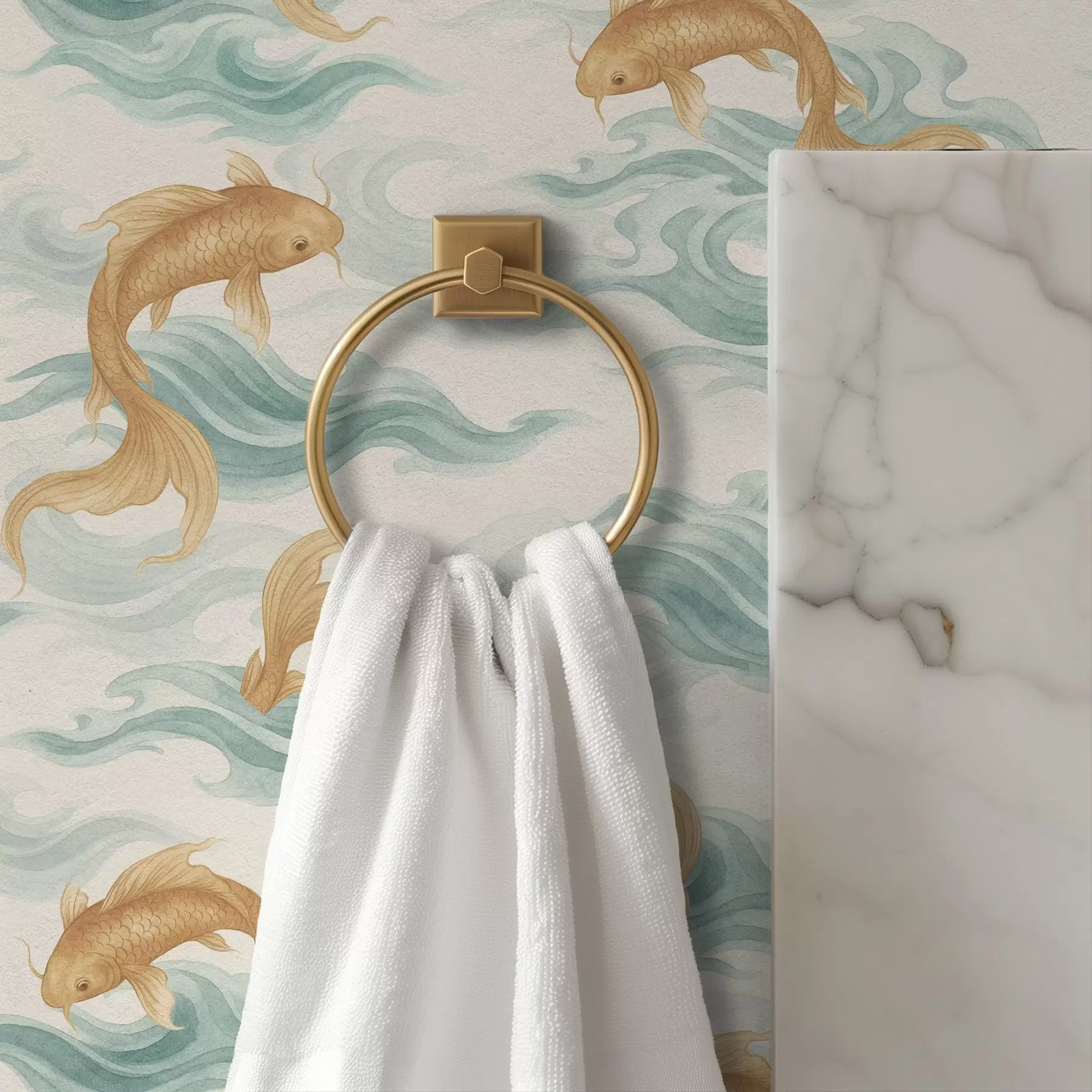 Fototapetes Dzintara krāsas koi zivis peld starp maigām tirkīza krāsas viļņiem a00894