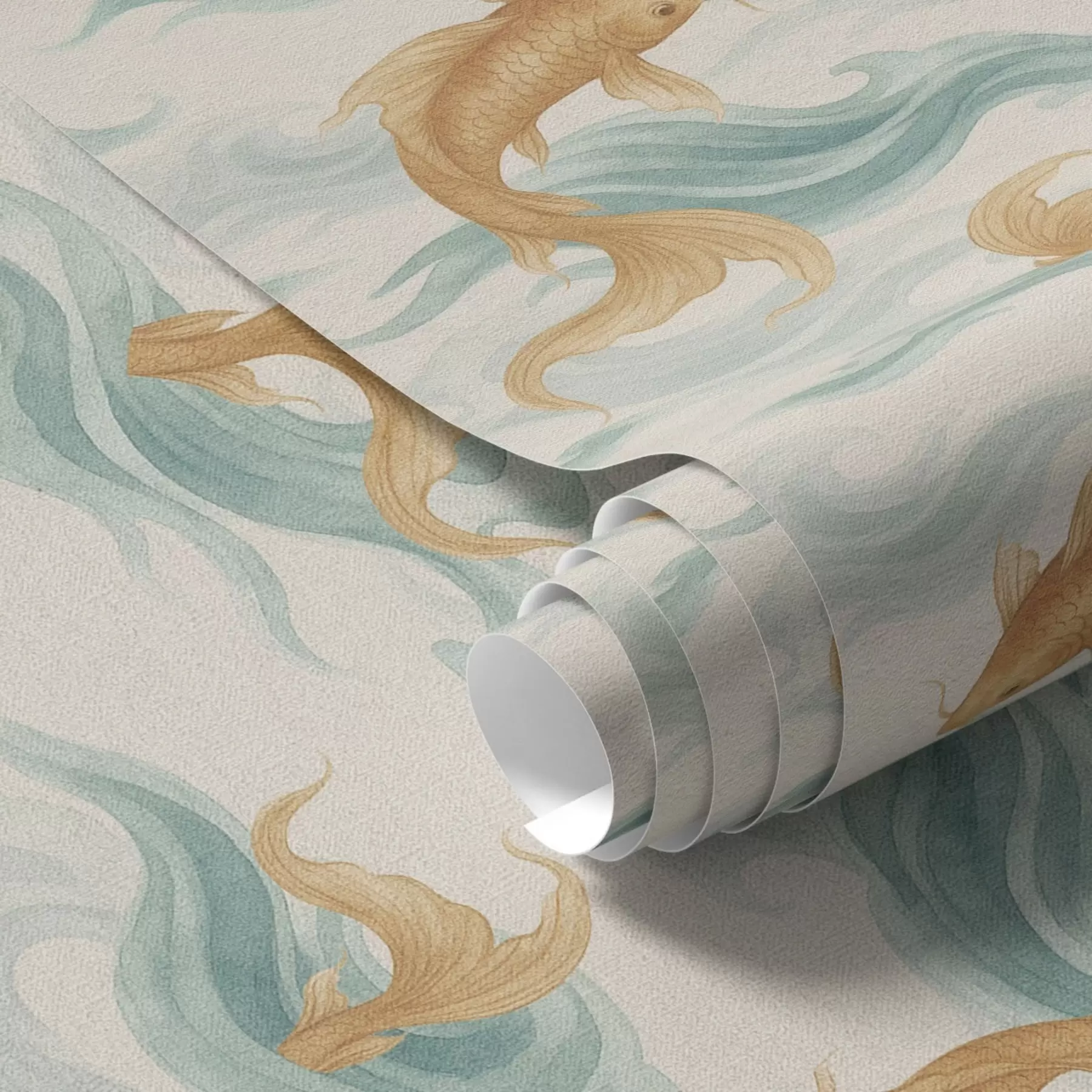 Fototapetes Dzintara krāsas koi zivis peld starp maigām tirkīza krāsas viļņiem a00894