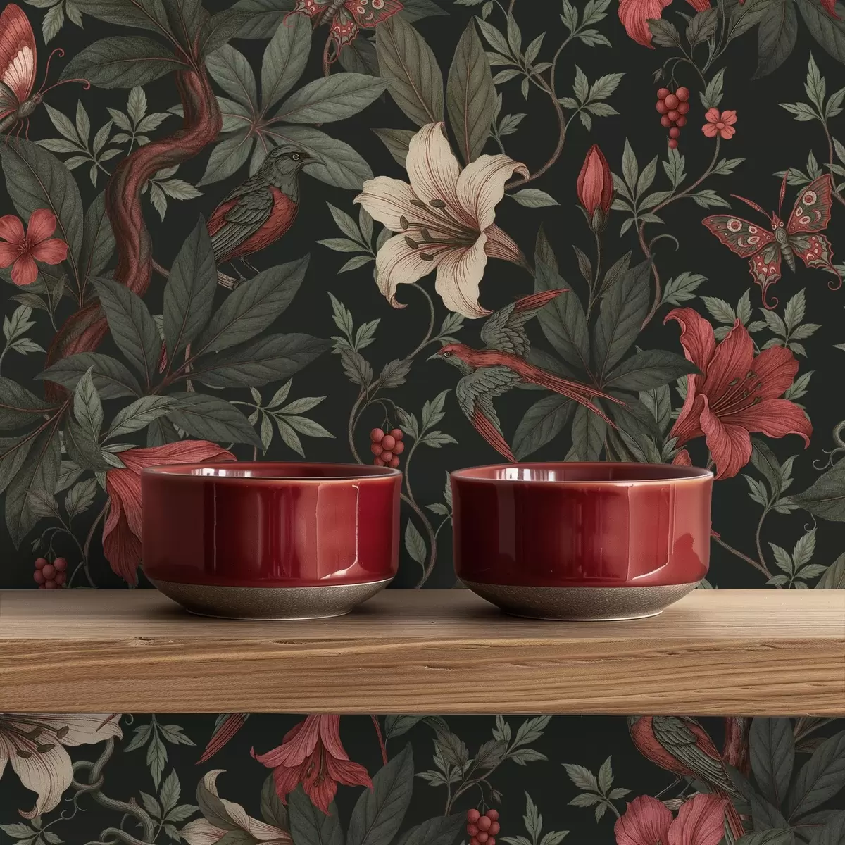 Tapetes Tumši džungļu ziedi ar putniem un tauriņiem a00895