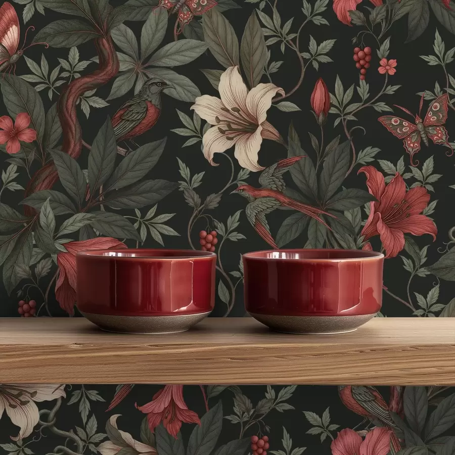 Fototapetes Tumši džungļu ziedi ar putniem un tauriņiem a00895