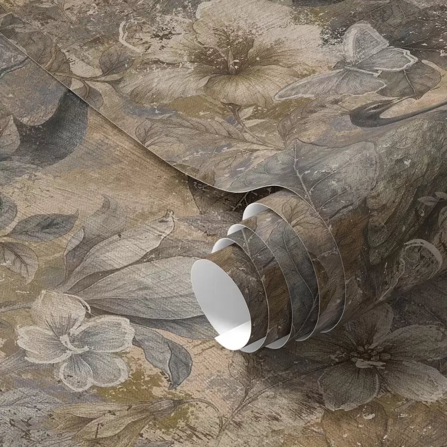 Fototapetes Senatnīgs ziedu kolāža ar pāvām un tauriņiem a00897