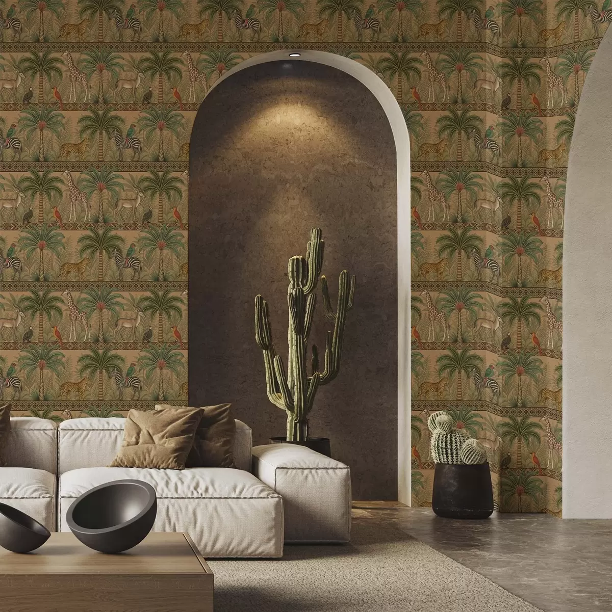 Tapetes Dekoratīvi savannas dzīvnieki starp palmām un apmales a00898