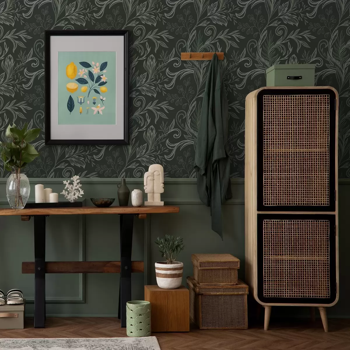 Tapetes Dziļi meža izliektas lapas krīta zaļos toņos a00935v2