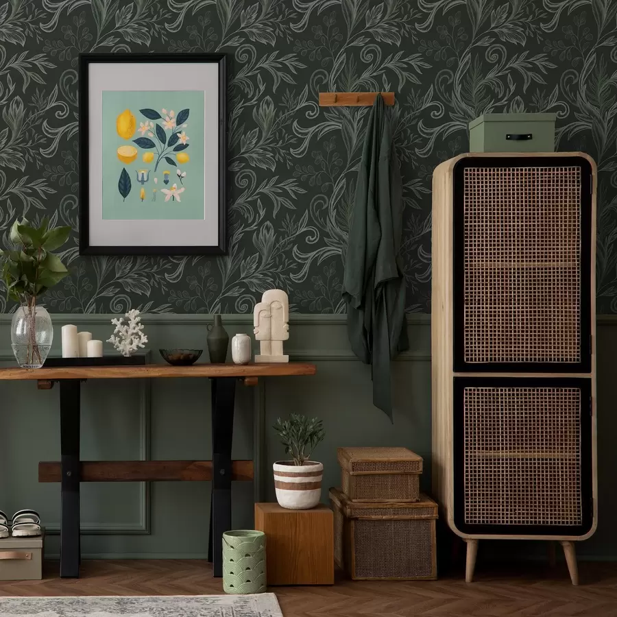 Fototapetes Dziļi meža izliektas lapas krīta zaļos toņos a00935v2