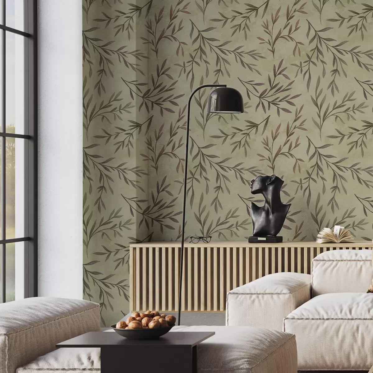 Tapetes Siltā fonā ziedošas ceriņi un zaļas zaras ar lapām a00936v4