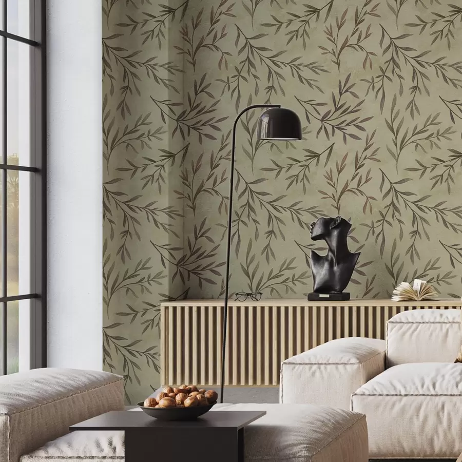 Fototapetes Siltā fonā ziedošas ceriņi un zaļas zaras ar lapām a00936v4