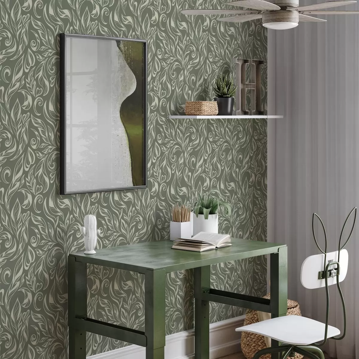 Tapetes Krēmkrāsas lapu ornamentu uz zaļgani pelēka fona a00940v2