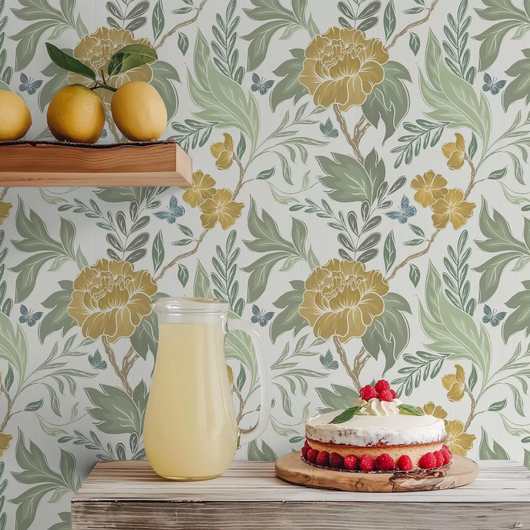 Fototapetes Lielas dzeltenas peonijas un zaļumi uz gaiša fona a00941