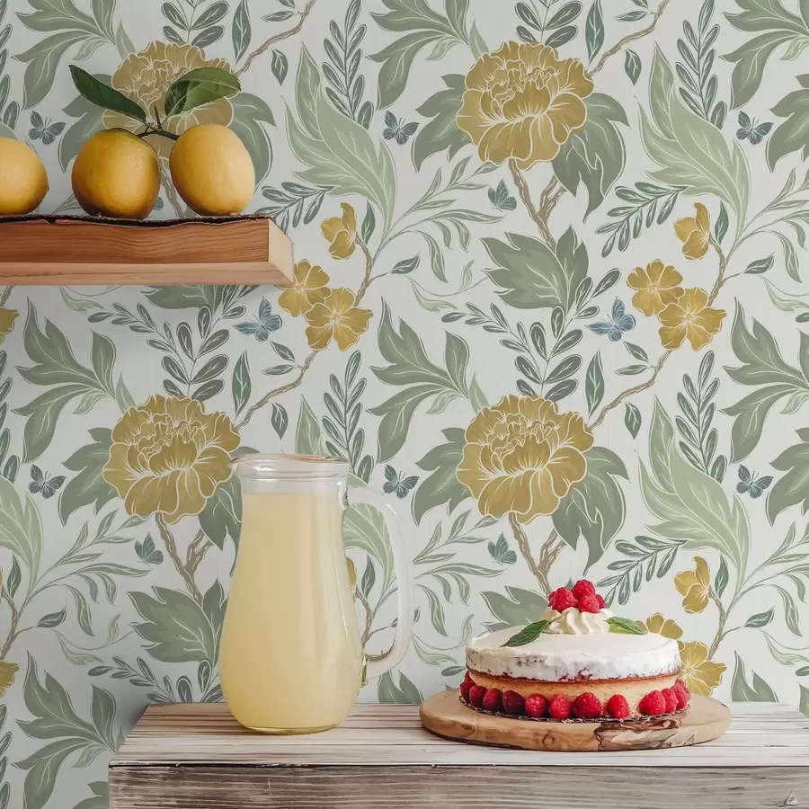 Fototapetes Lielas dzeltenas peonijas un zaļumi uz gaiša fona a00941