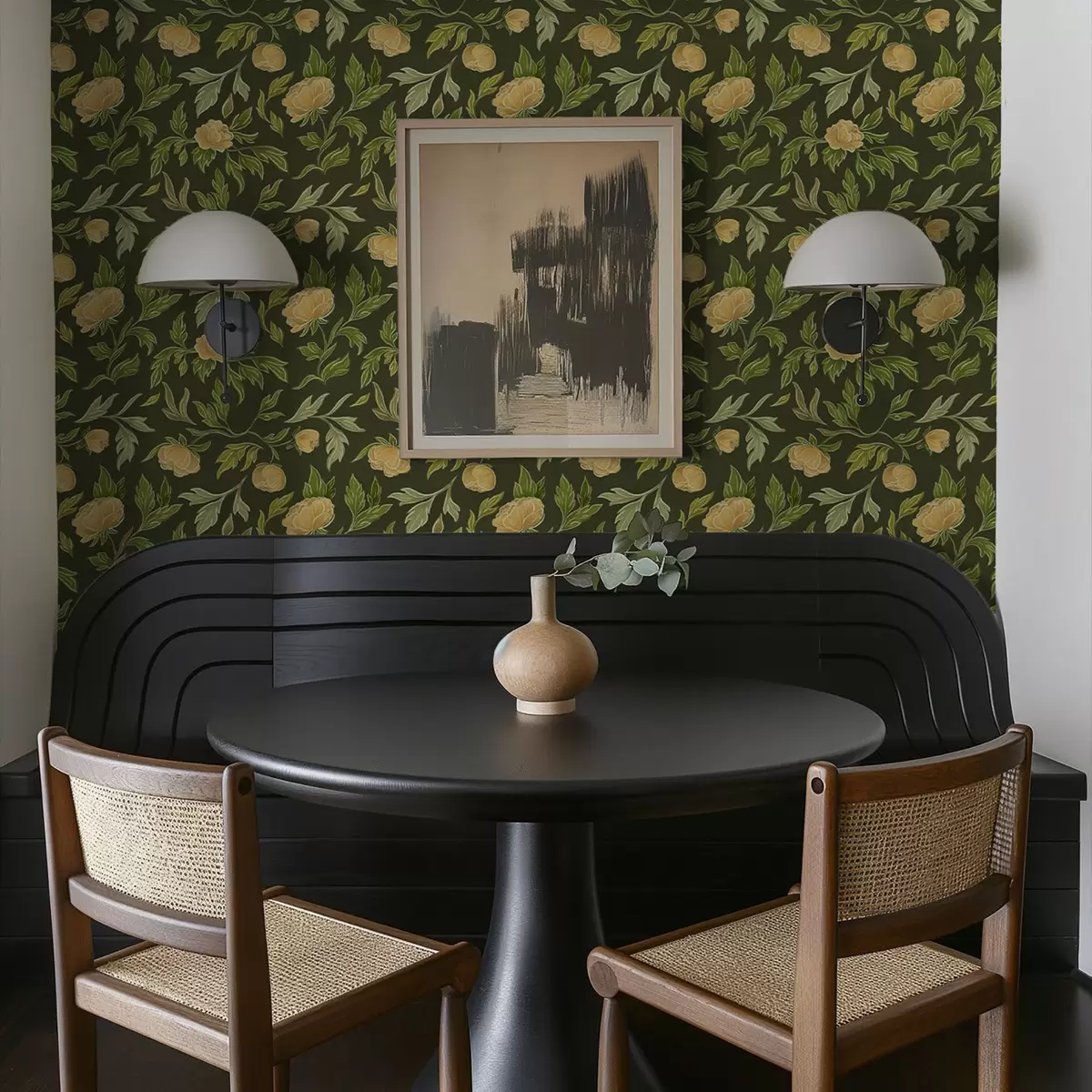 Tapetes Dzeltenas peonijas uz bagātīga tumši zaļa fona a00942v1