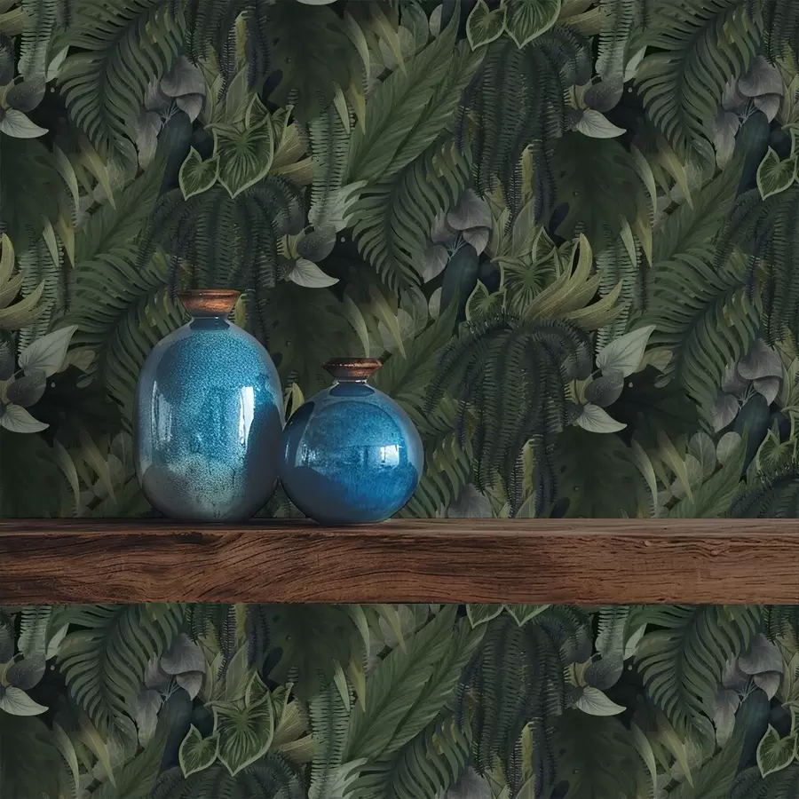 Fototapetes Blīvs tropu lapotne tumši zaļos krūmājos a00943