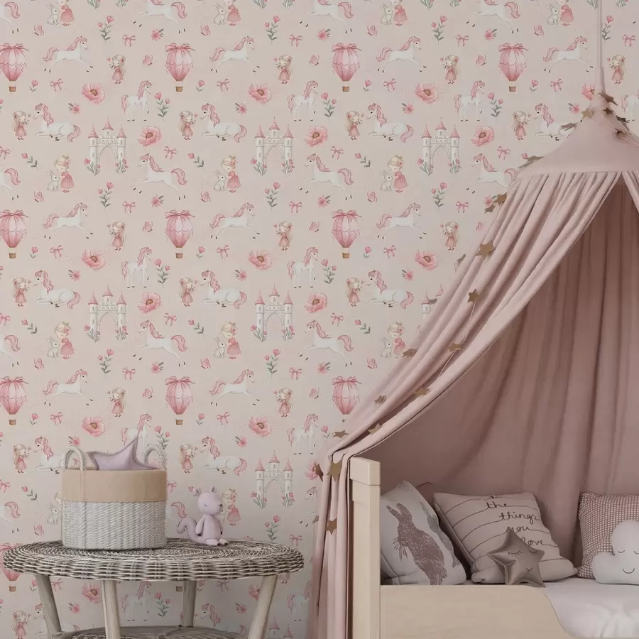 Fototapetes Rozā vienradži, mazās meitenes un pils uz maiga fona a00957