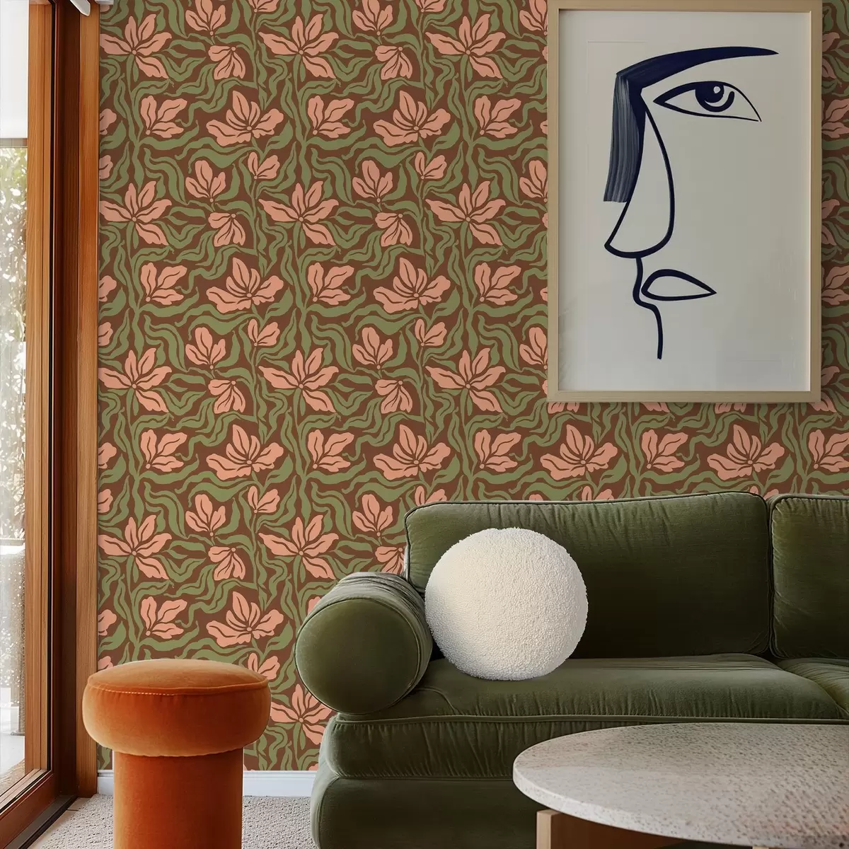 Tapetes Persiku ziedi un zaļumi uz tumši brūna fona a00958v2