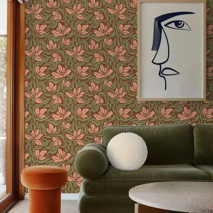 Fototapetes Persiku ziedi un zaļumi uz tumši brūna fona a00958v2