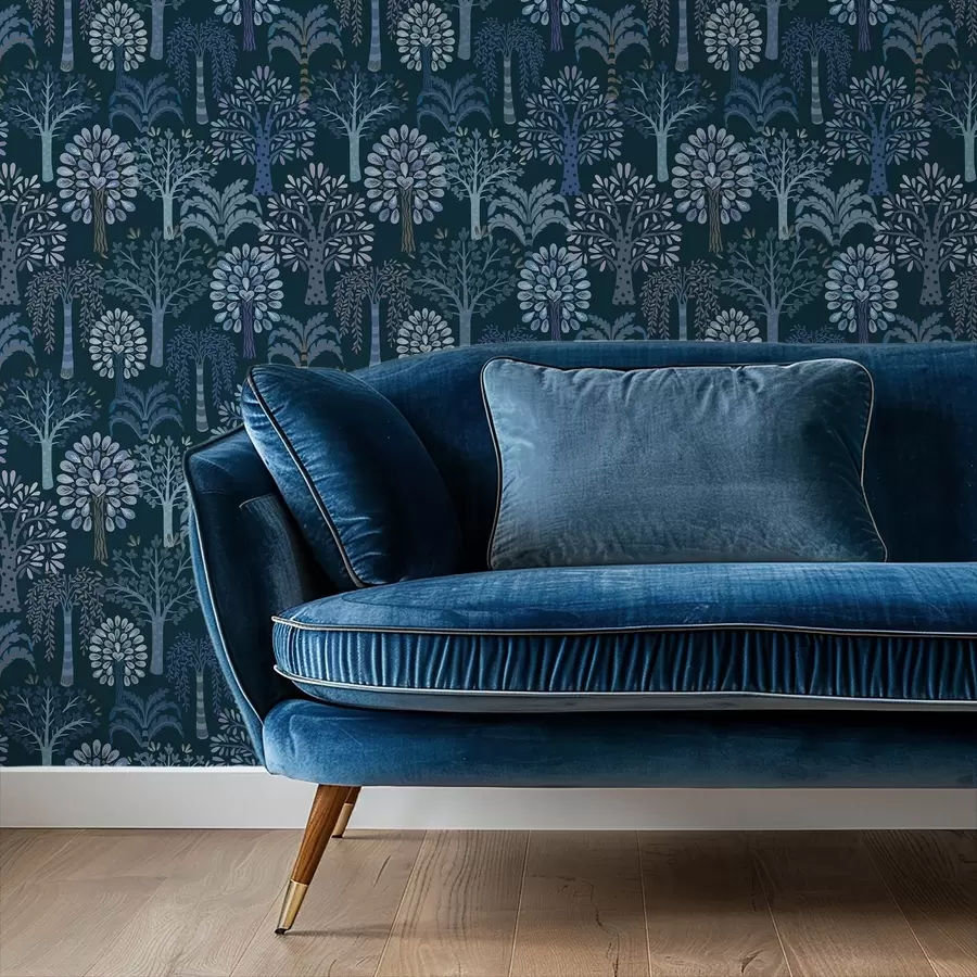 Fototapetes Nakts mežs ar dekoratīviem kokiem zilos toņos a00960v2