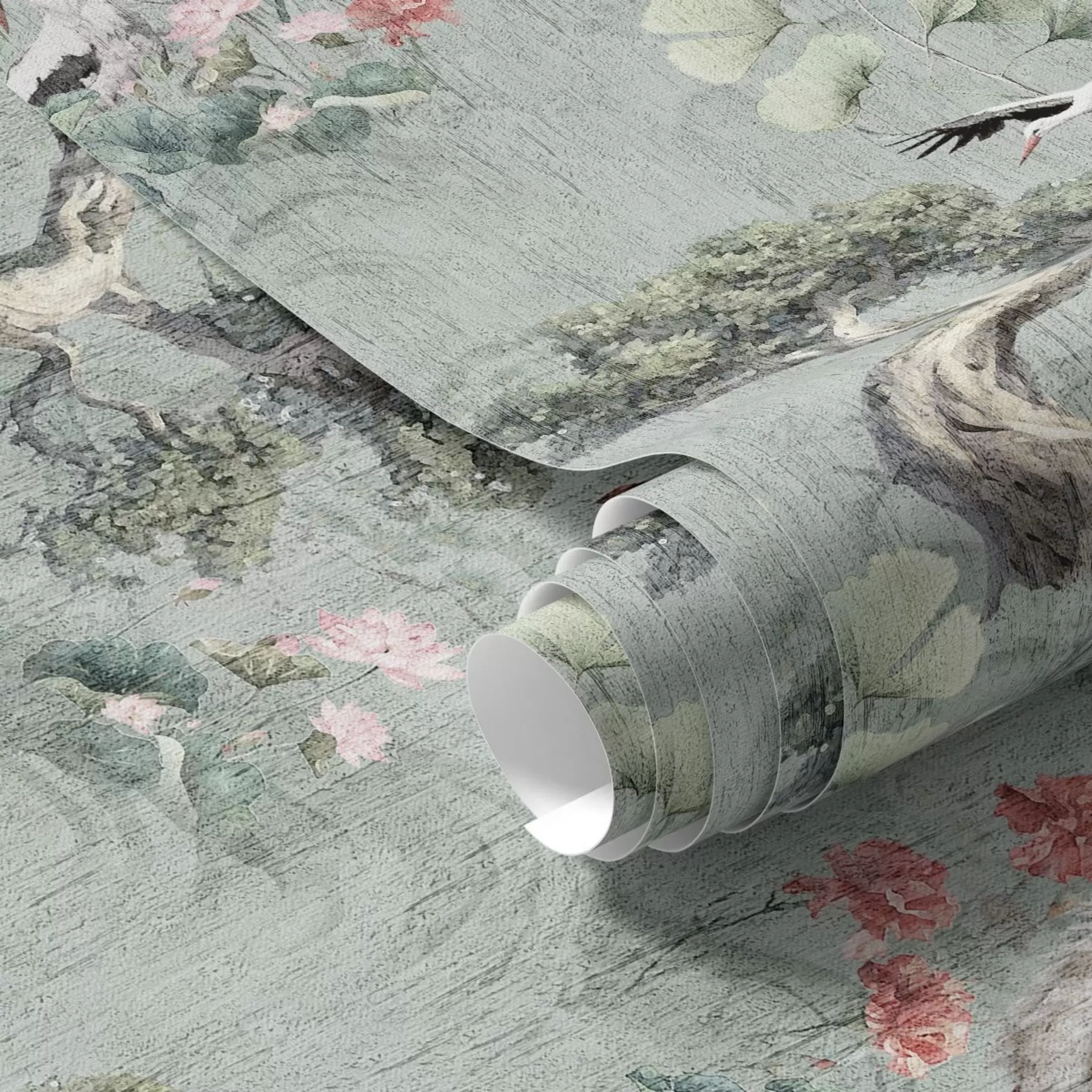 Fototapetes Celtņi starp priedēm un lotosiem uz mierīga zaļa fona a00962