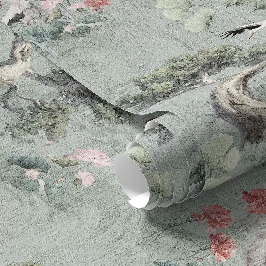 Fototapetes Celtņi starp priedēm un lotosiem uz mierīga zaļa fona a00962