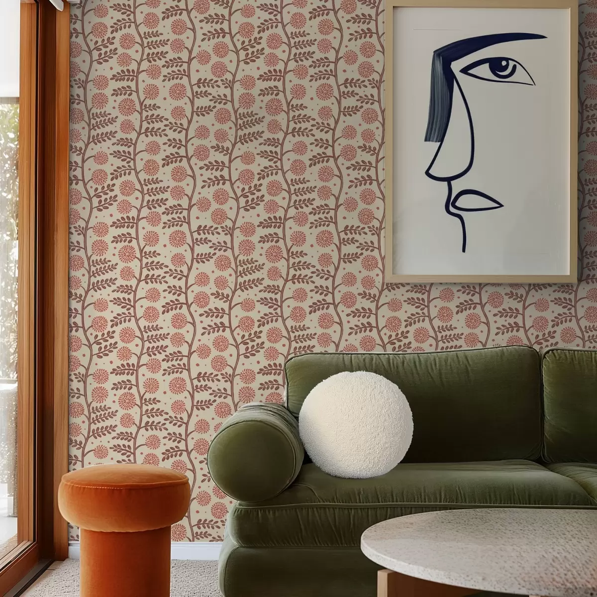 Tapetes Terakotas kātiņi ar korallkrāsas pūkainiem ziediem uz krēmkrāsas fona a00997v1