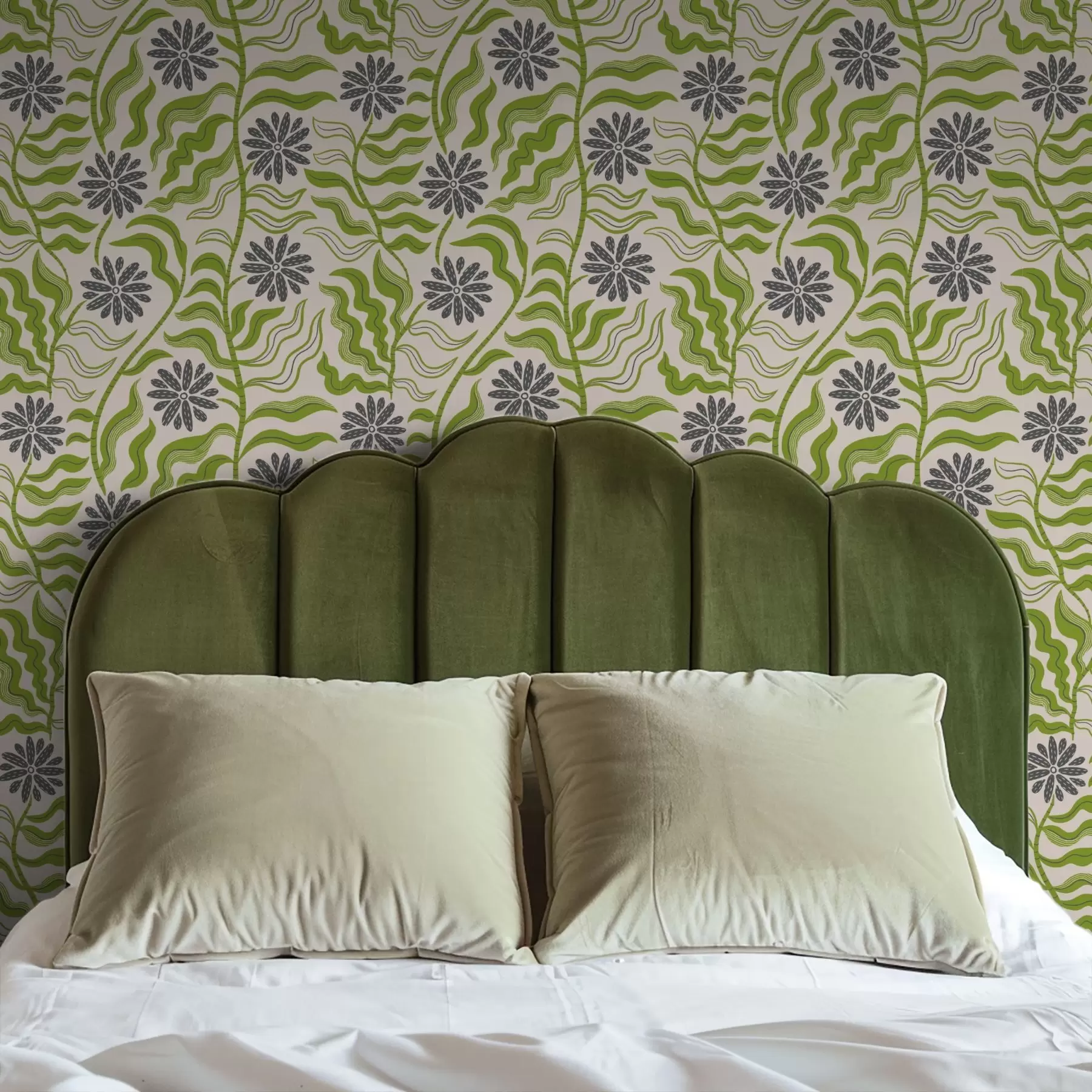 Fototapetes Rotaļīgas zaļas margrietiņas ar viļņotām lapām uz krēmkrāsas fona a00998