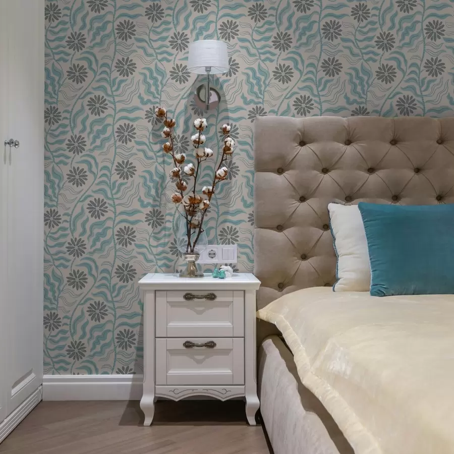 Fototapetes Abstraktas ziedi un viļņotas lapas maigās zilos toņos a00998v1