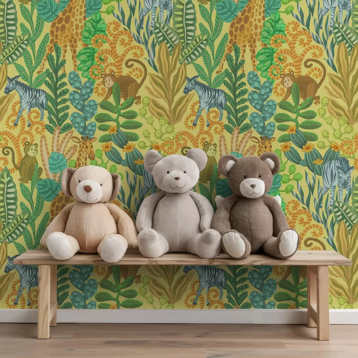 Tapetes Žirafe, zebras un pērtiķi spilgti dzeltenā savannā a01000v1