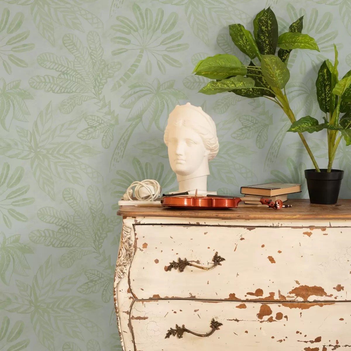 Tapetes Sketched tropu lapas svaigā gaiši zaļā tonī a01001v1