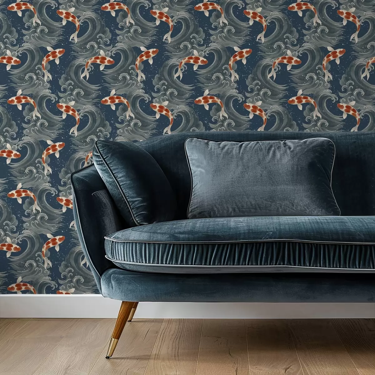 Tapetes Koi zivis peld starp dramatiskām okeāna viļņiem a01019