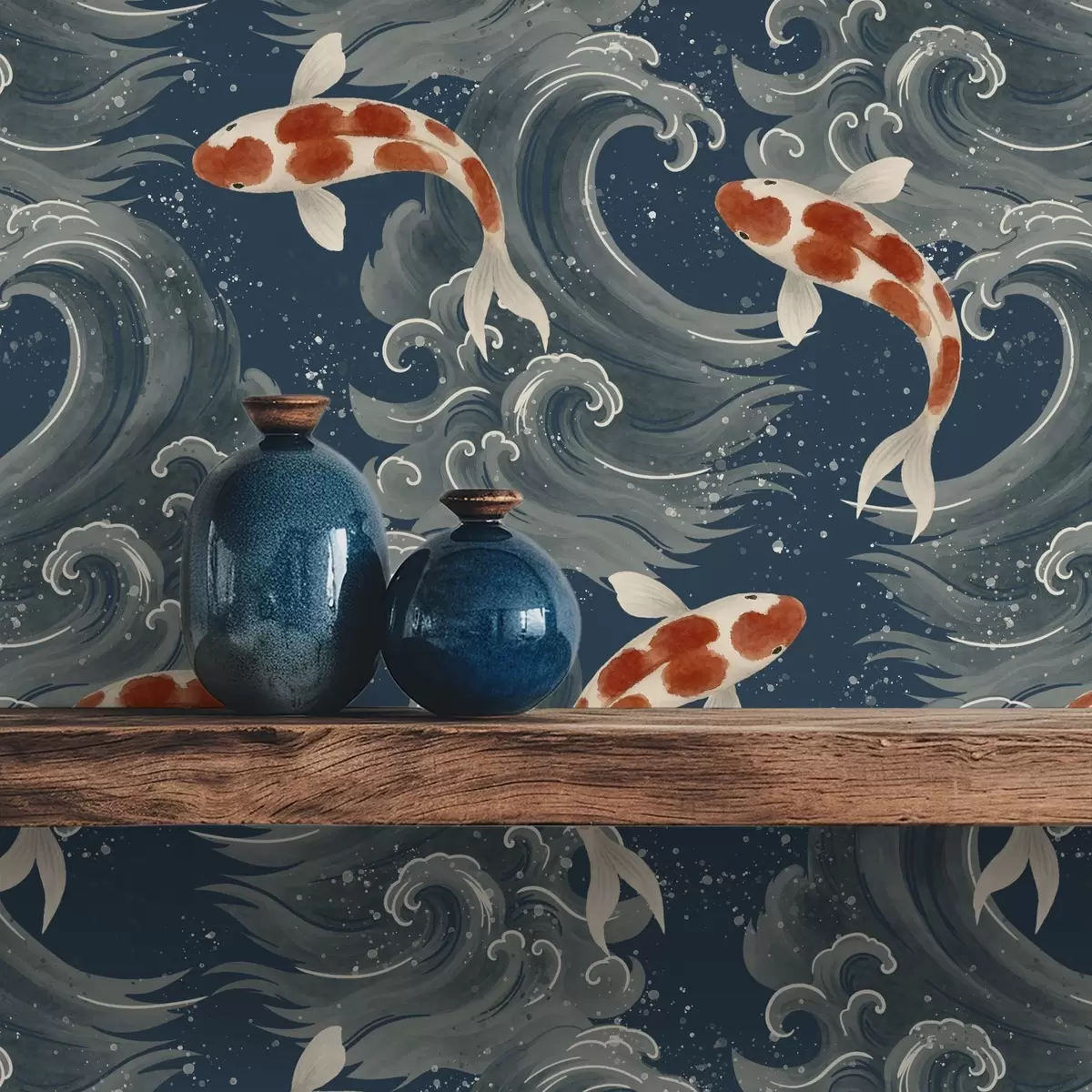 Tapetes Koi zivis peld starp dramatiskām okeāna viļņiem a01019