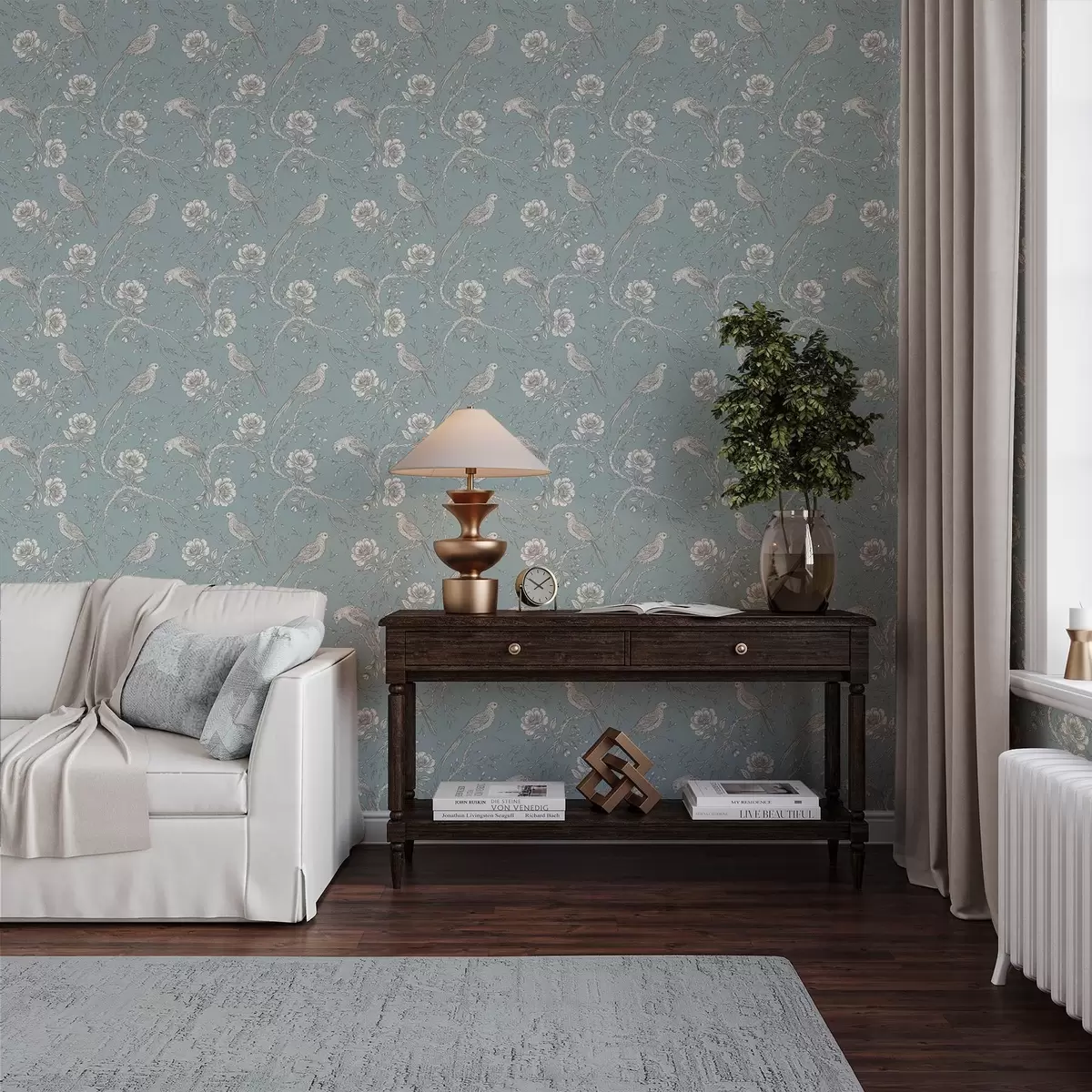 Tapetes Kontūru zīmēti putni uz zariem, kluss zils fons a01022