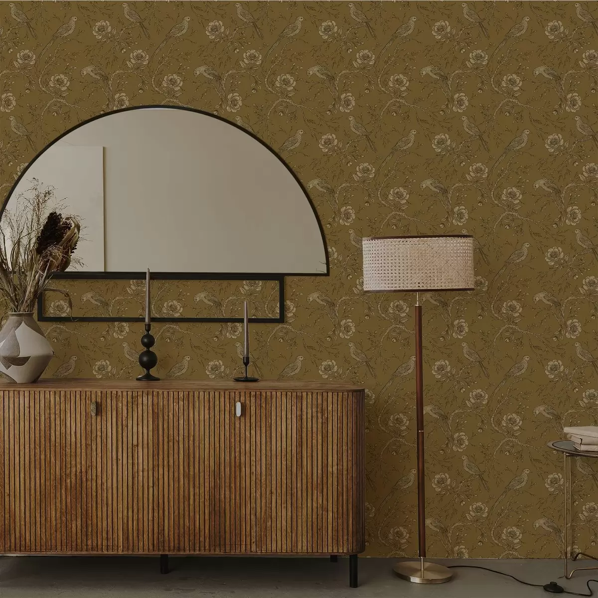 Tapetes Vintage putni un ziedi uz siltā olīvu fona a01022v1