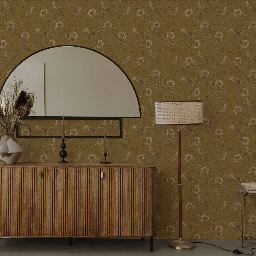 Fototapetes Vintage putni un ziedi uz siltā olīvu fona a01022v1