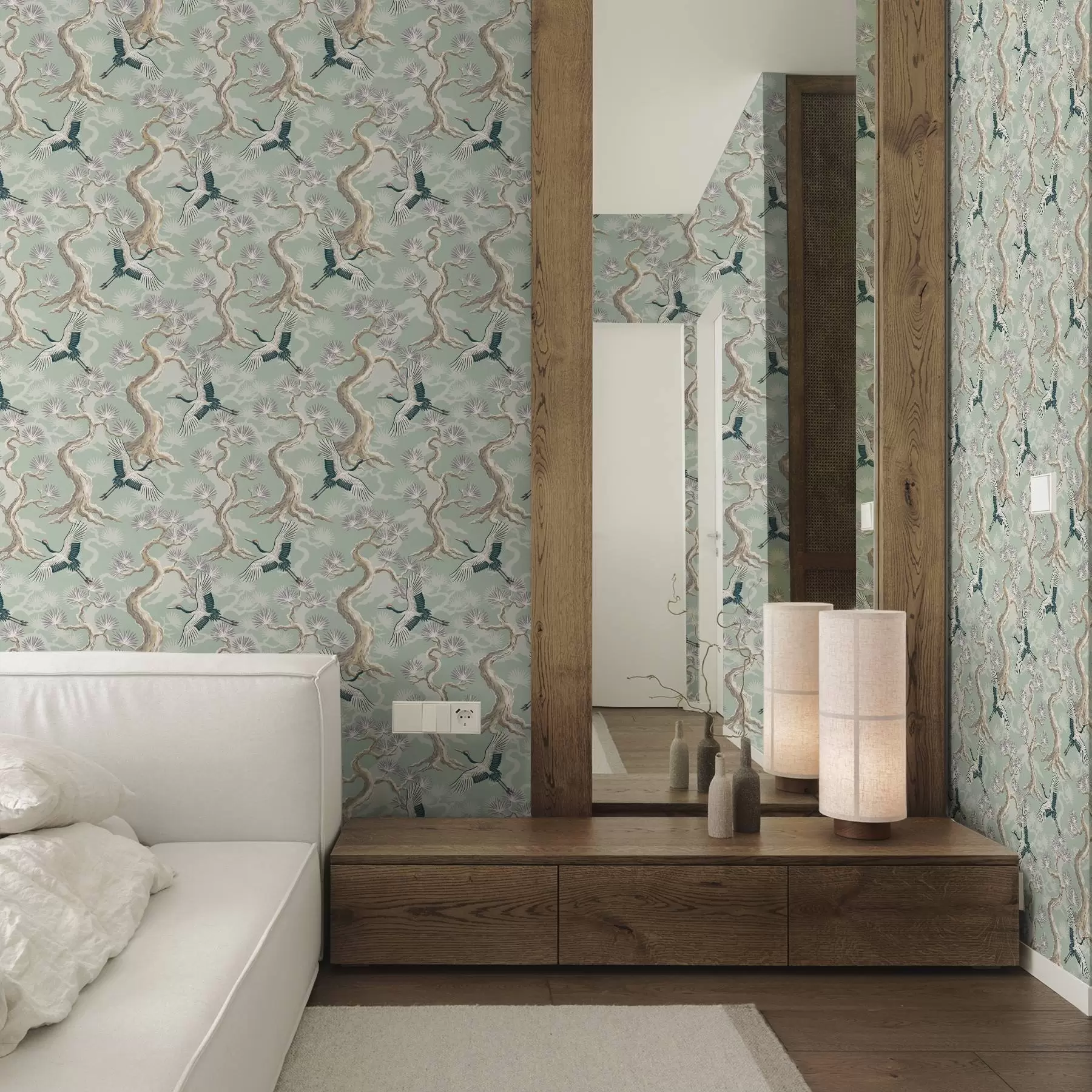 Fototapetes Celtņi starp izliektām zarām uz maiga salvijas krāsas fona a01023