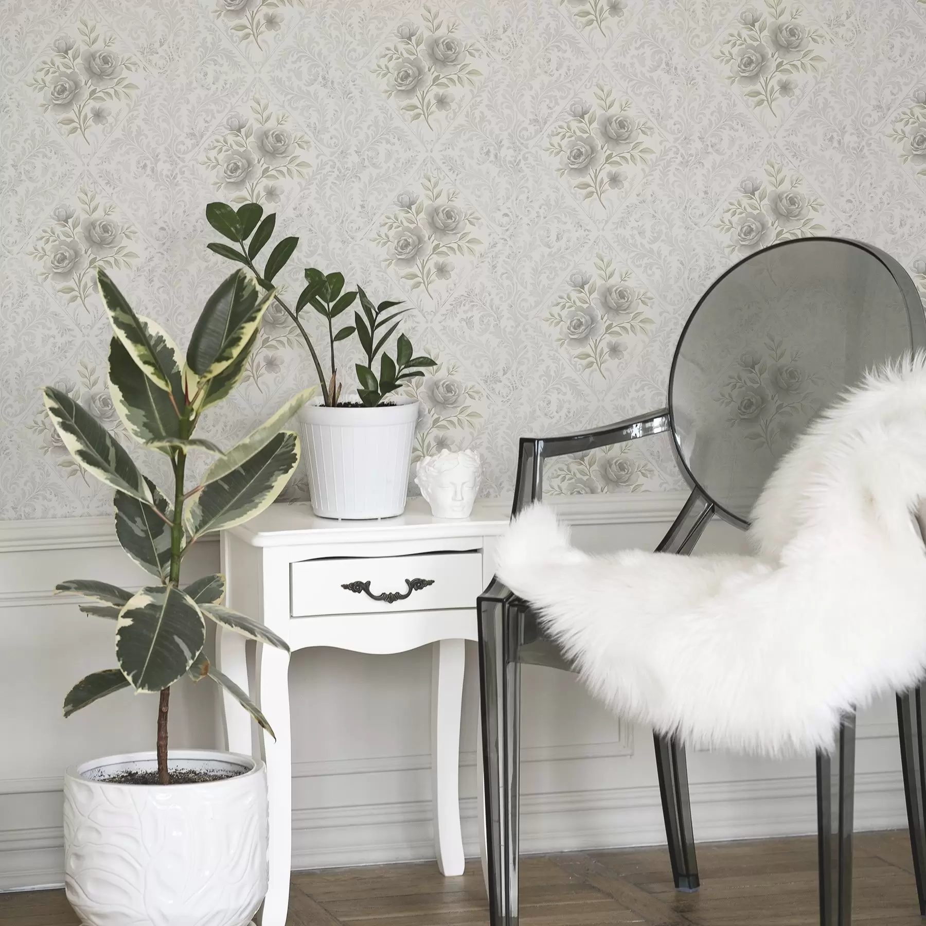 Fototapetes Gaišs damasta raksts ar pelēkām rozēm maigās rombveida figūrās a01024