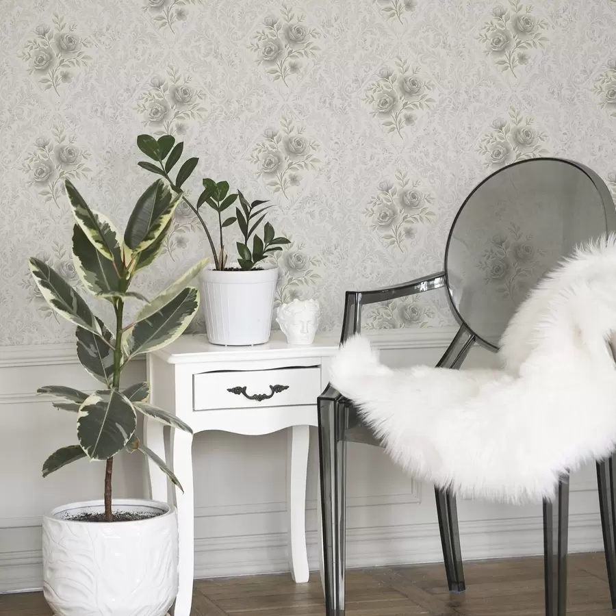 Fototapetes Gaišs damasta raksts ar pelēkām rozēm maigās rombveida figūrās a01024