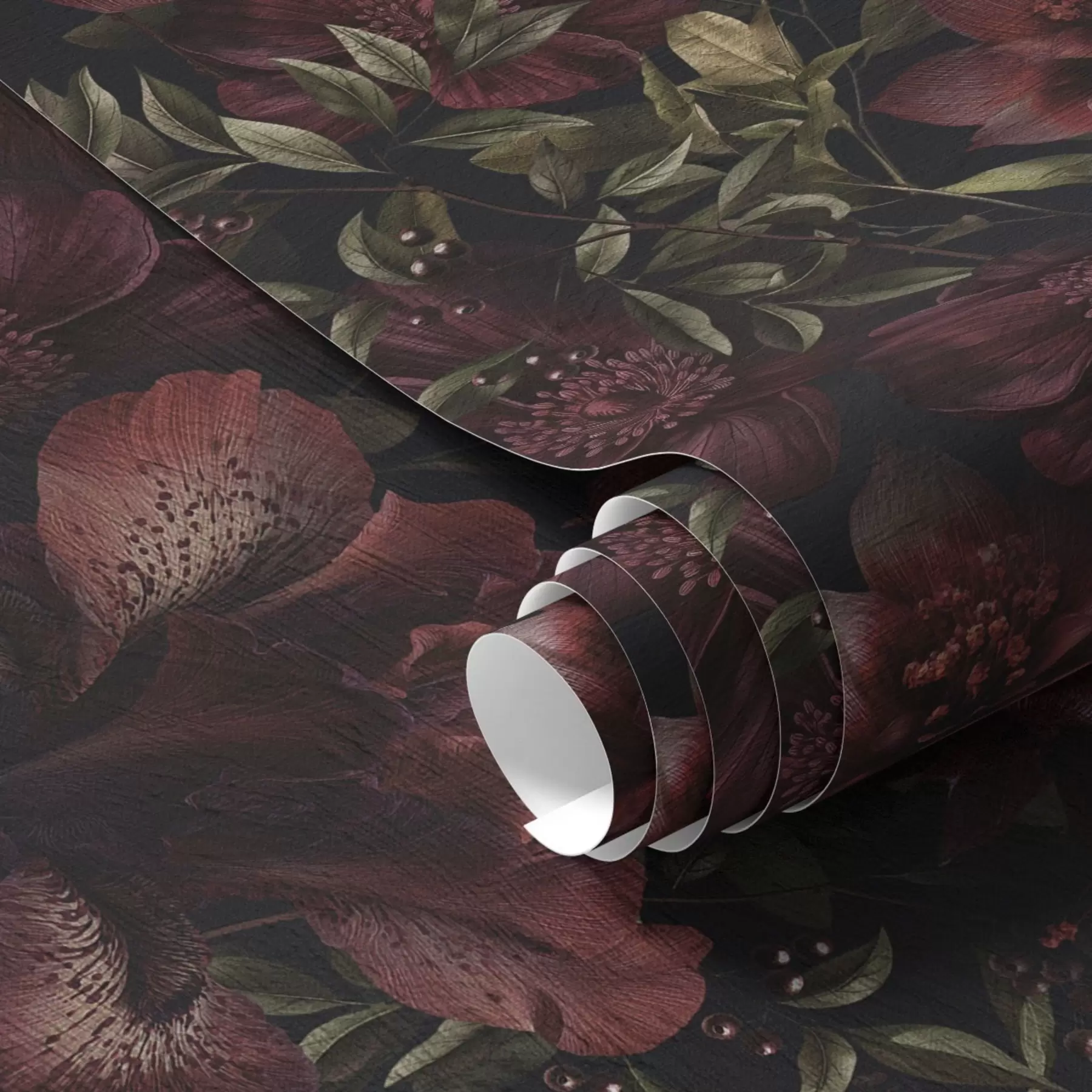 Fototapetes Bagātīgi bordo ziedi uz tumša fona a01032