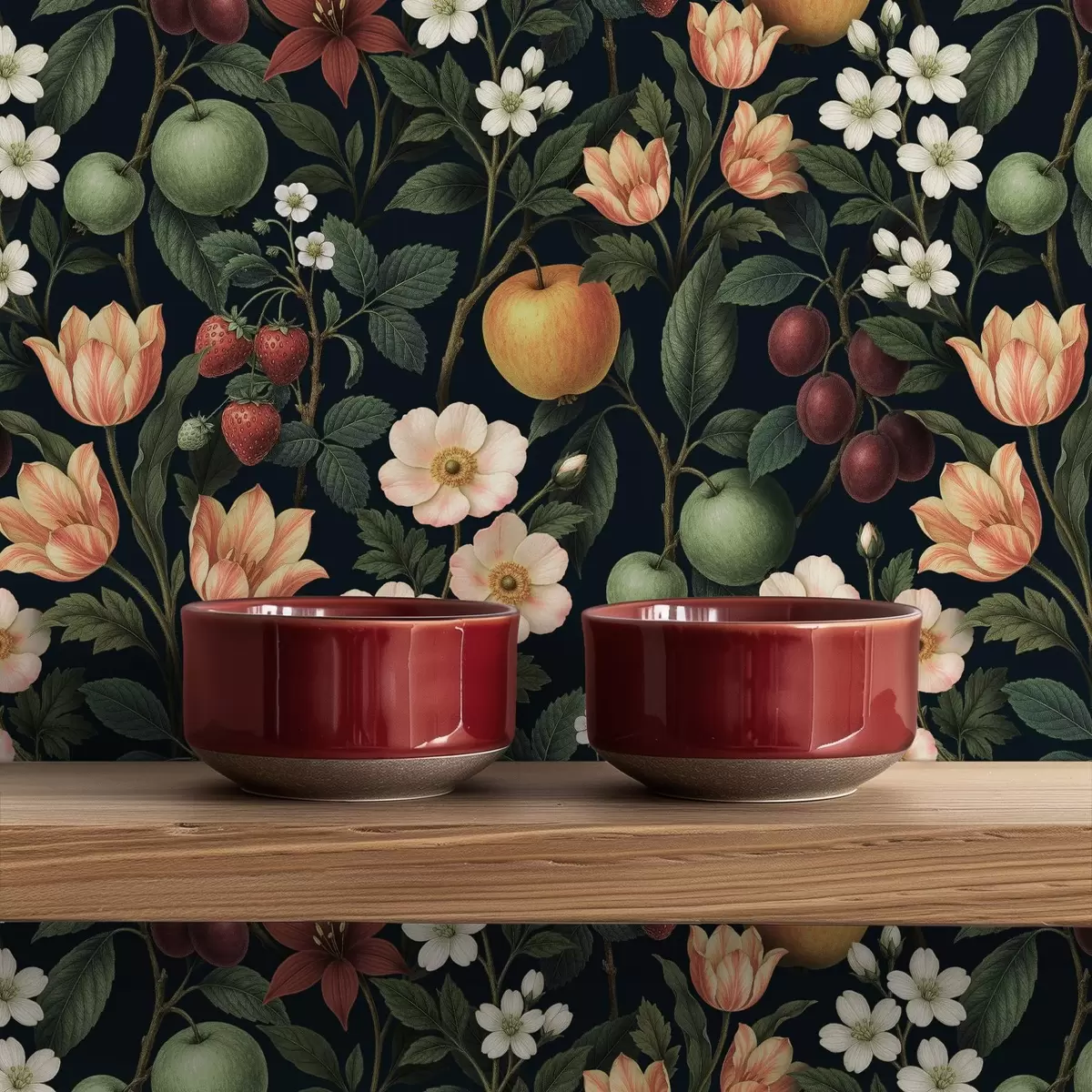 Tapetes Tumšs dārzs ar ziediem, nogatavojušiem āboliem un ogām a01034