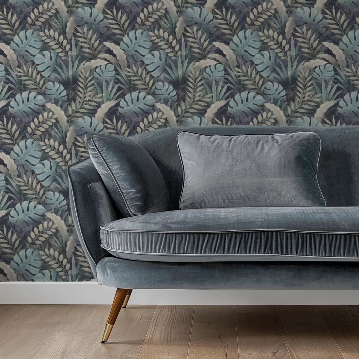 Tapetes Tropu lapotne vēsās zilo-zaļās toņos a01035