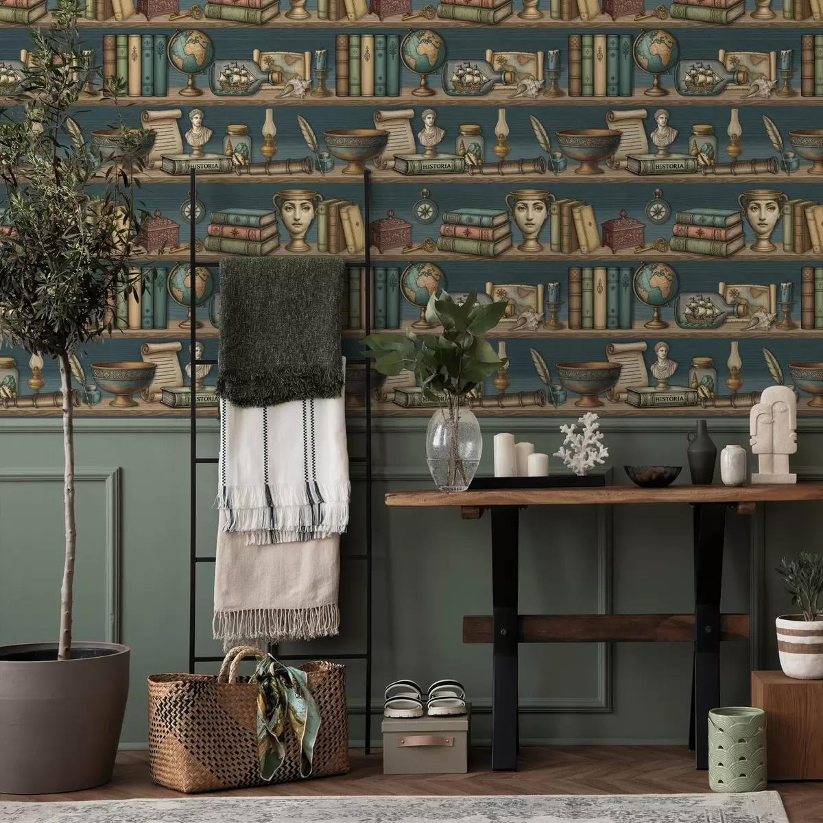 Tapetes Vintage plaukti ar grāmatām, globusu un jūras retumiem a01036