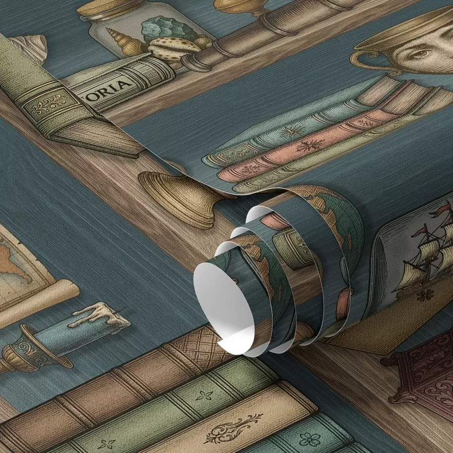 Fototapetes Vintage plaukti ar grāmatām, globusu un jūras retumiem a01036