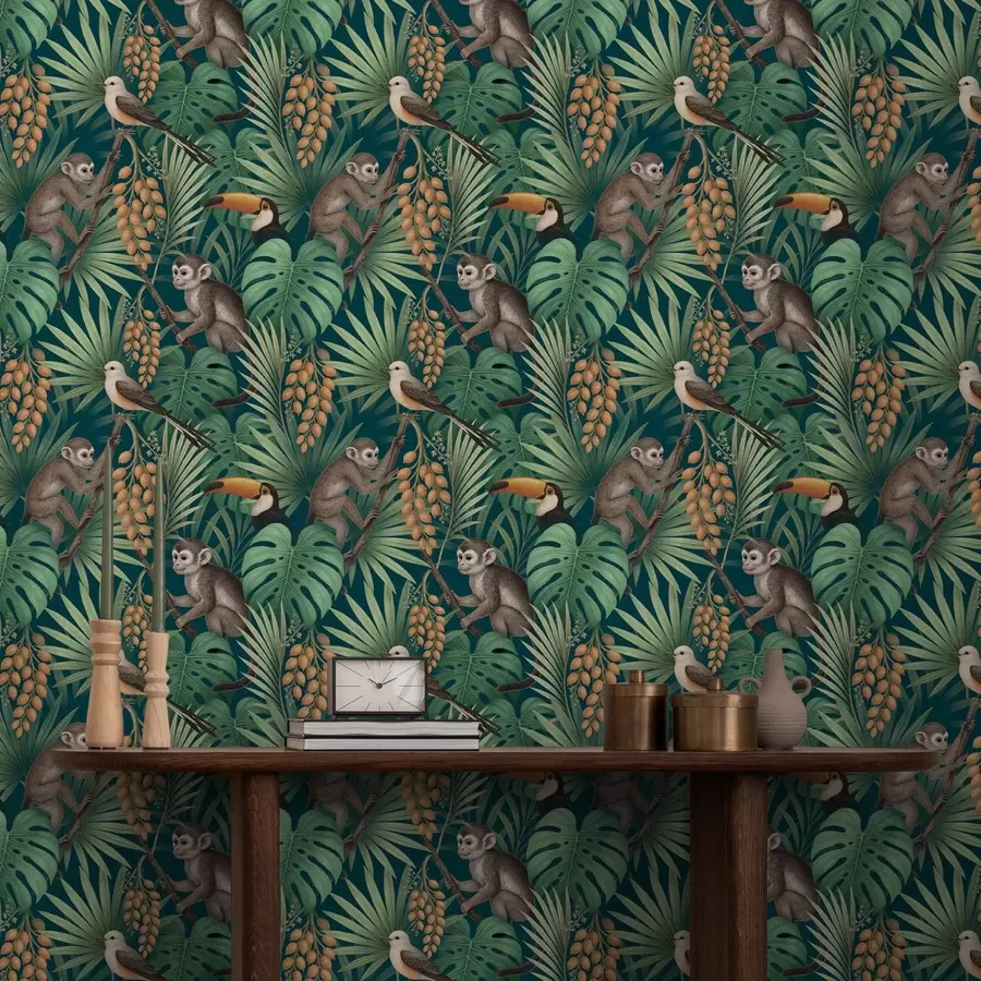 Fototapetes Pērtiķi un tropu putni blīvā džungļu lapotnē a01037