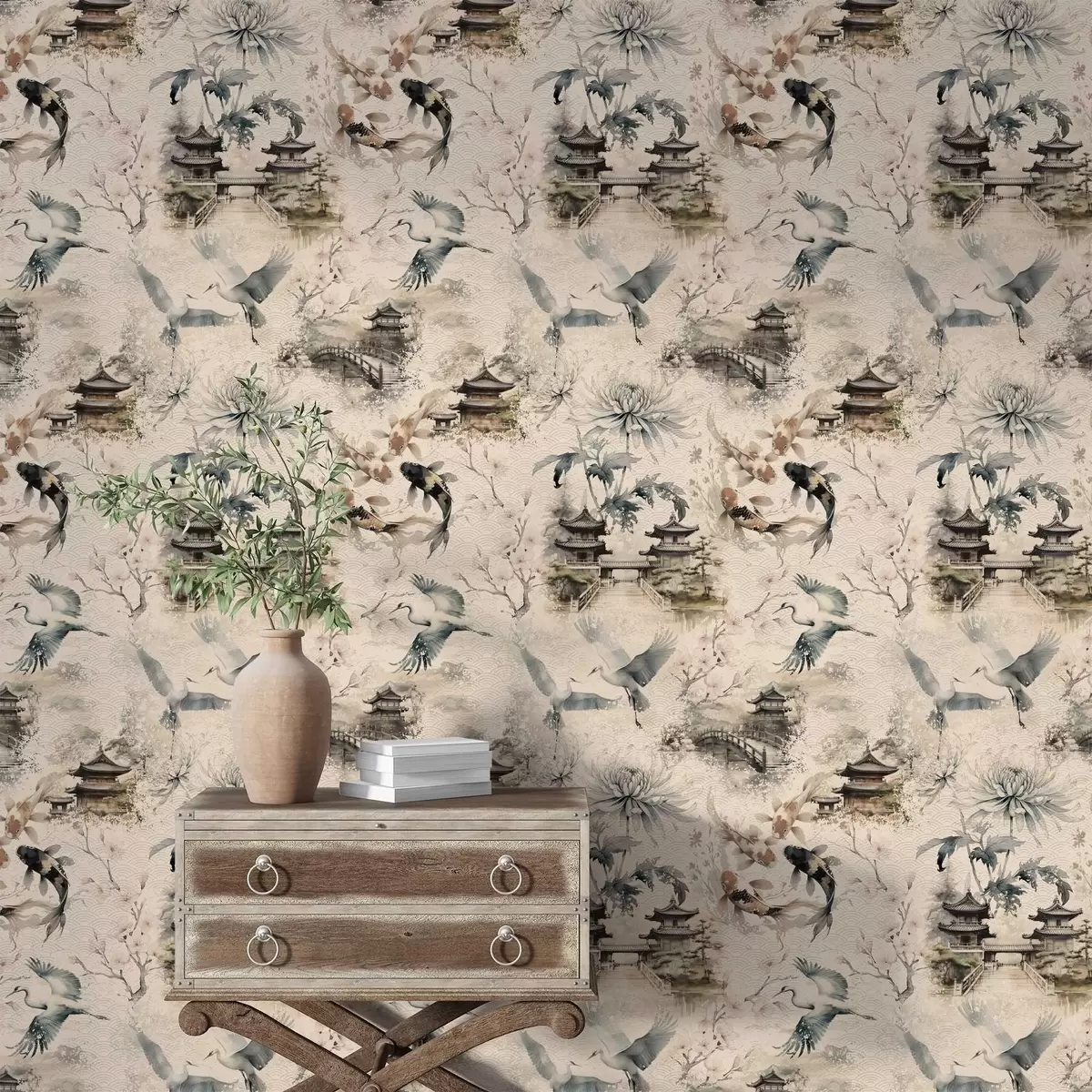 Tapetes Japāņu tempļi, koi zivis un dzērves uz maiga fona a01040