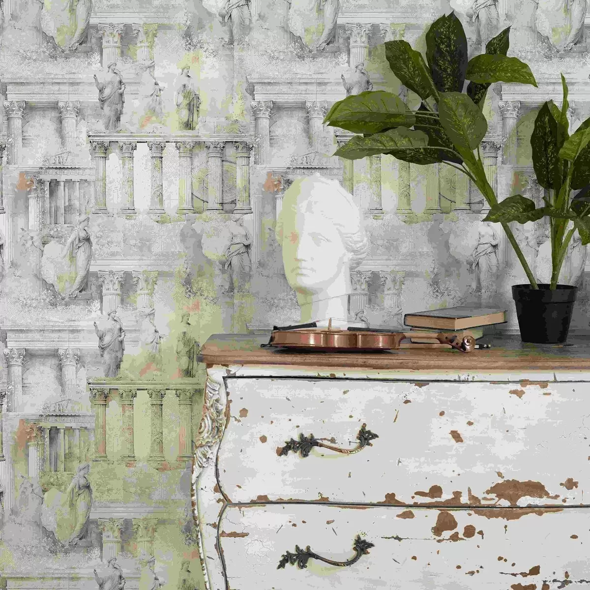 Tapetes Antīkas statujas un kolonnas maigās smilškrāsas un pelēkās toņos a01041