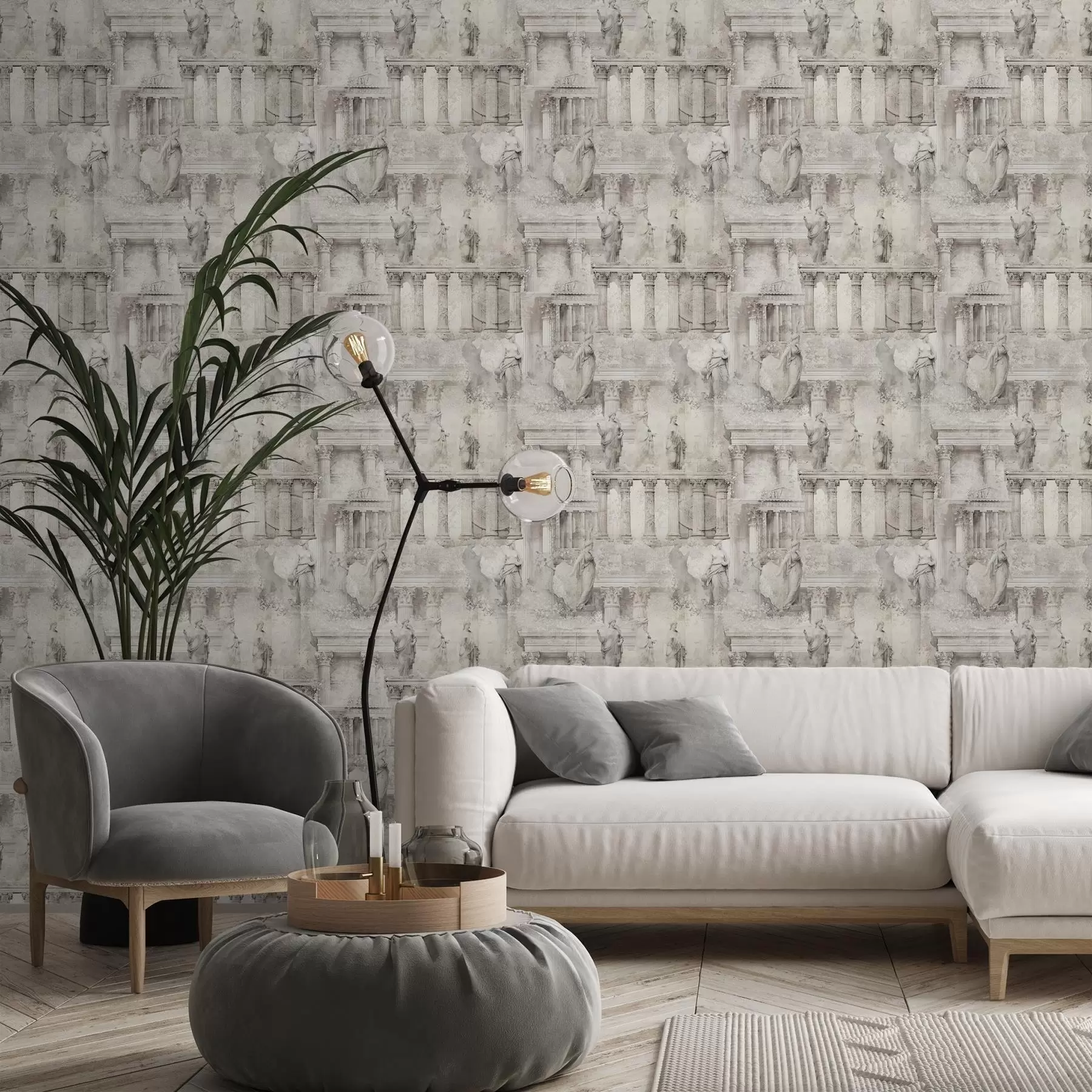 Fototapetes Antīkas statujas un kolonnas maigās smilškrāsas un pelēkās toņos a01041