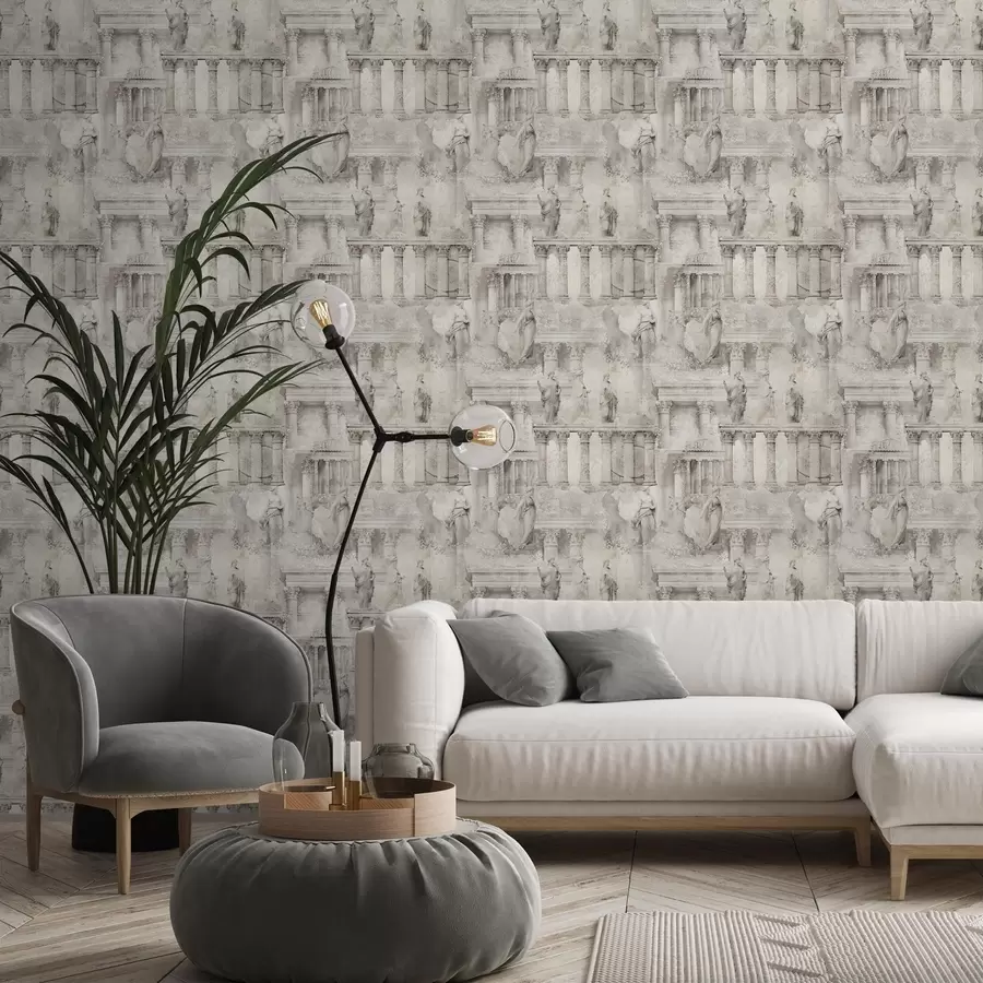 Fototapetes Antīkas statujas un kolonnas maigās smilškrāsas un pelēkās toņos a01041