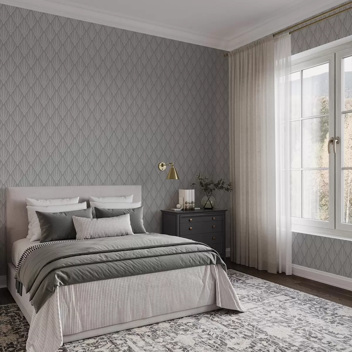 Tapetes Pelēks Art Deco ar vēdekļveida formām a01064