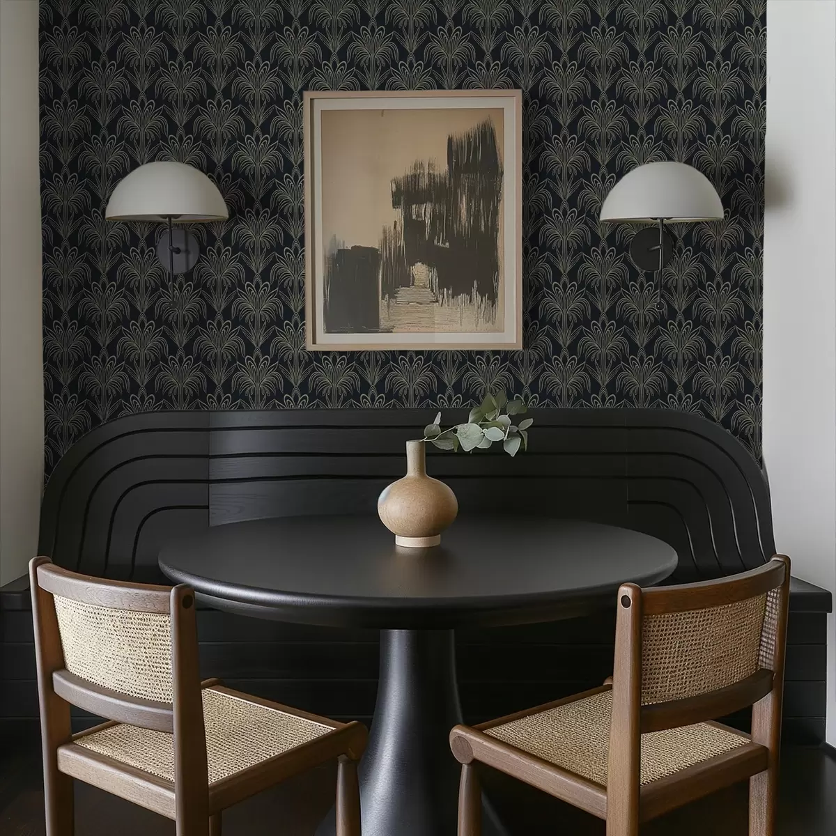 Tapetes Tumšs Art Deco ornamenti ar stilizētiem augiem a01065