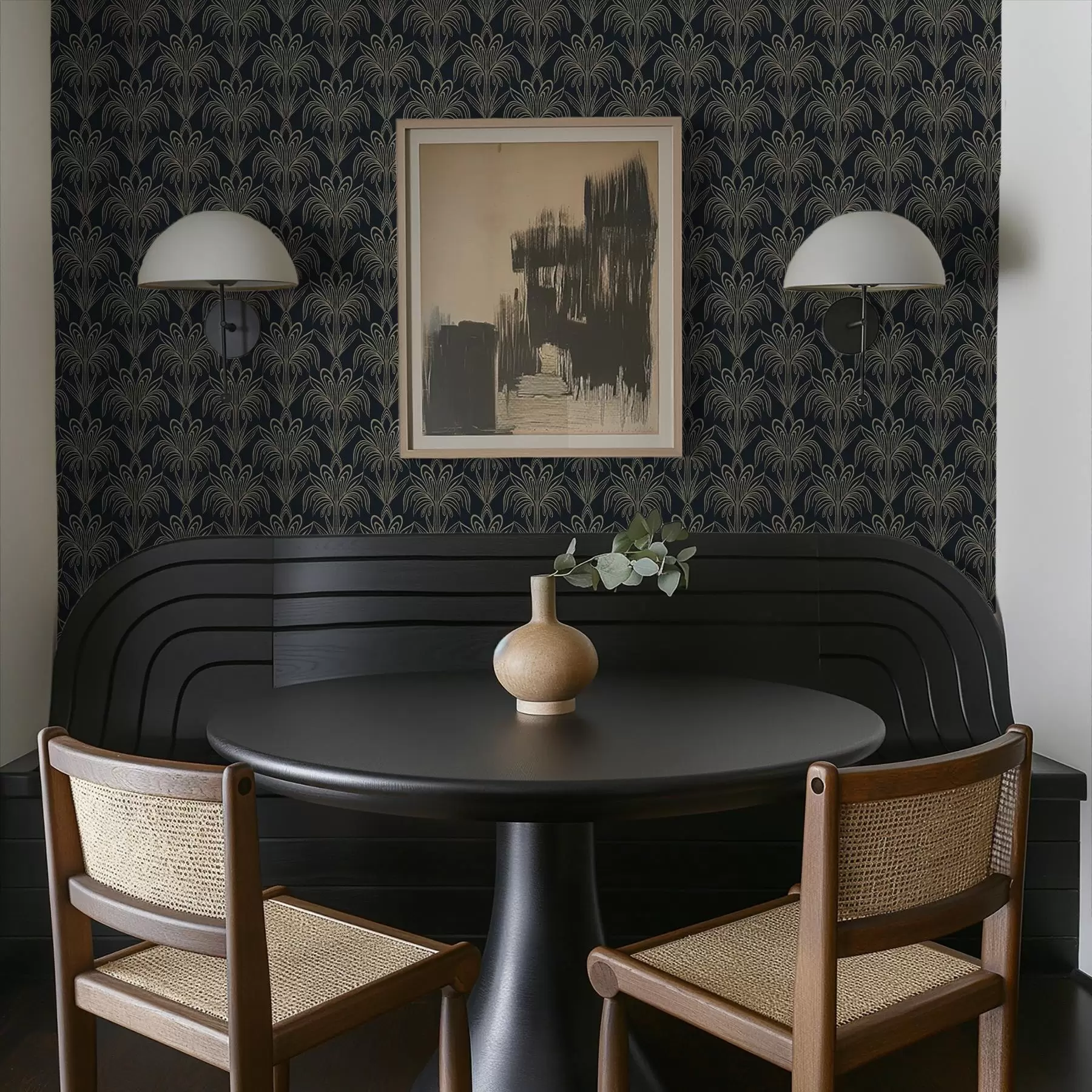 Fototapetes Tumšs Art Deco ornamenti ar stilizētiem augiem a01065